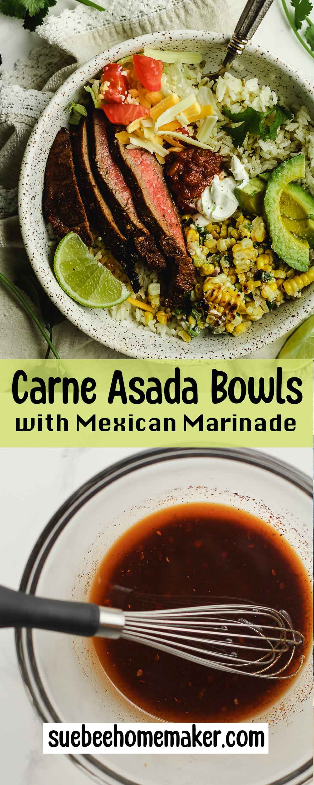 A collage of photos for carne asada bowls with Mexican marinade.