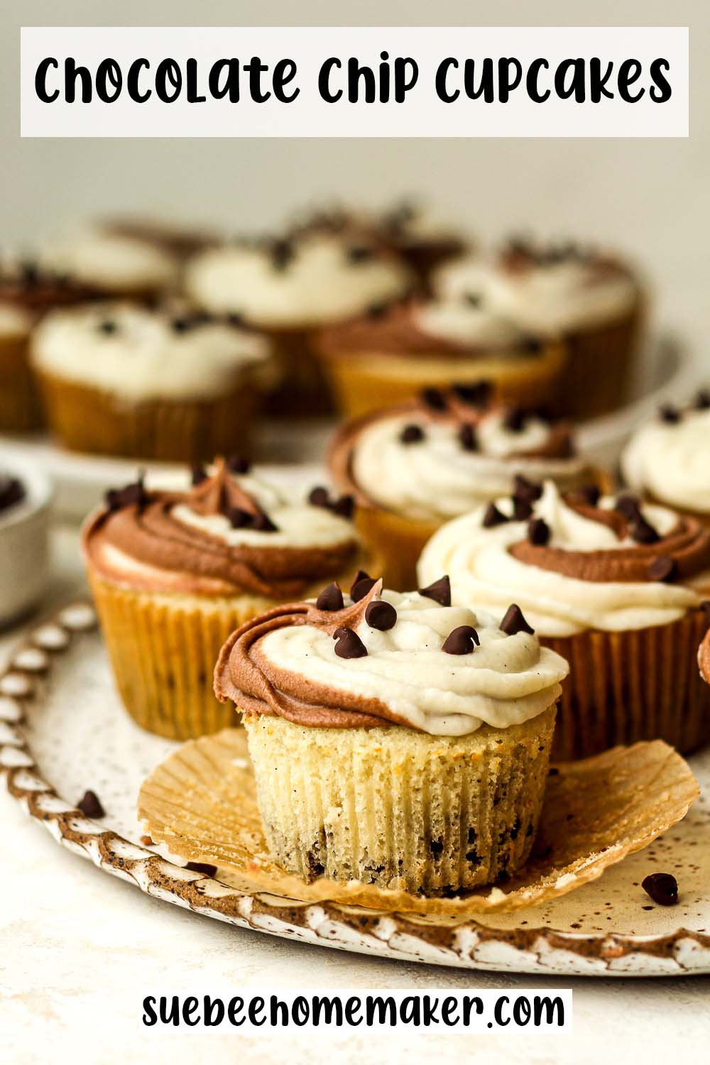 Side view of a plate of chocolate chip cupcakes with swirl buttercream.