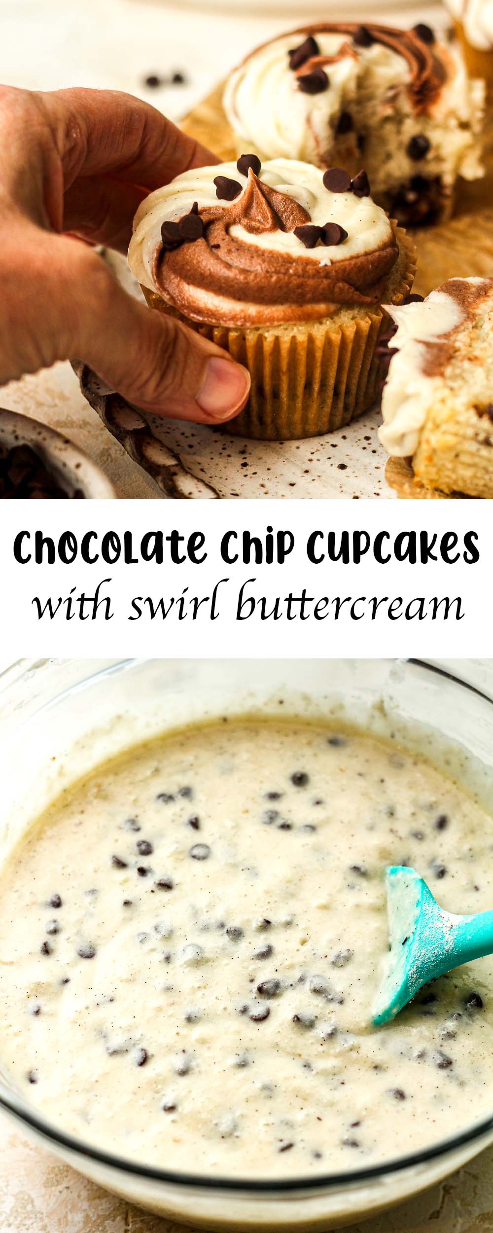 A collage of photos - a hand reaching for a chocolate chip cupcake and another bowl of the batter.