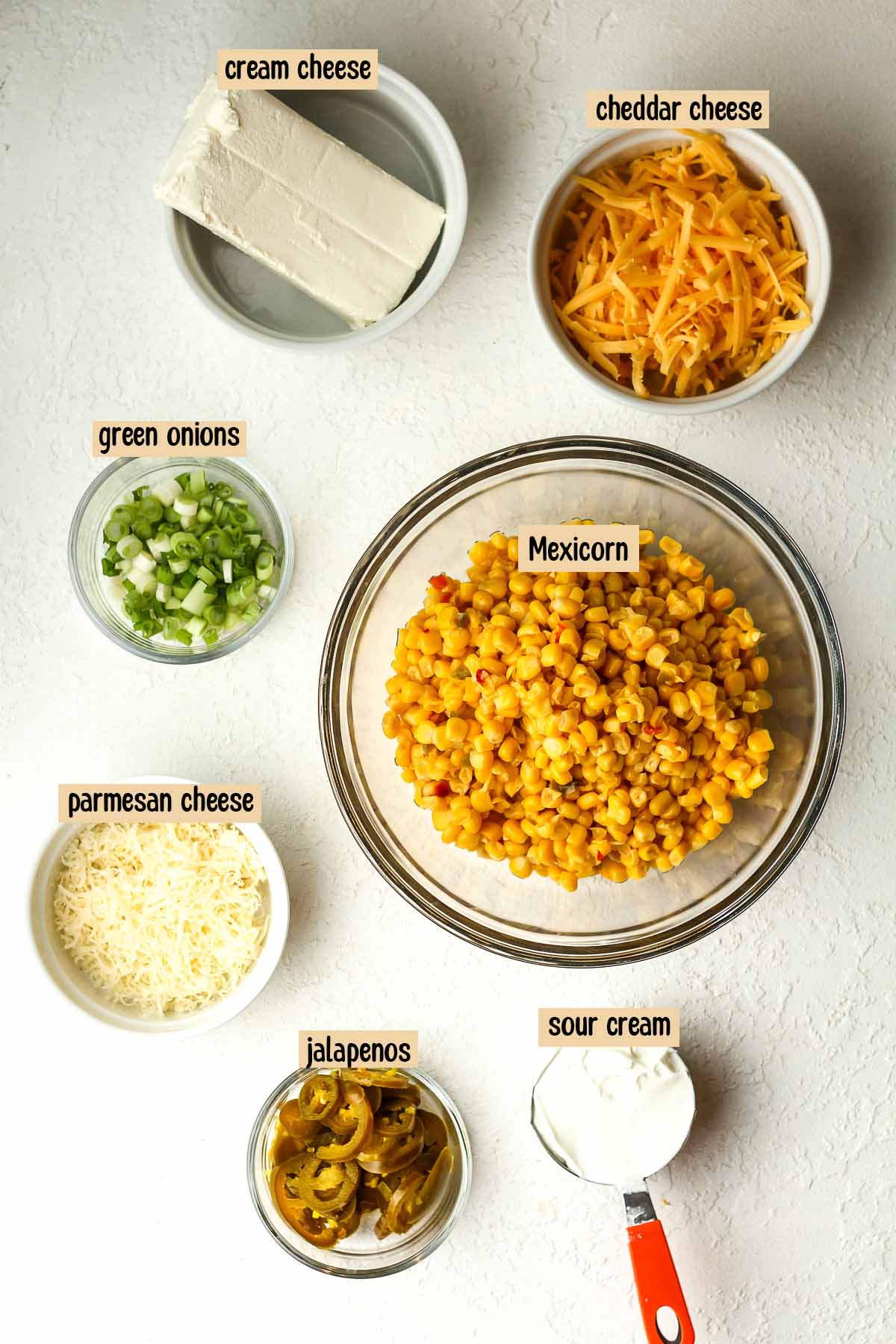 The labeled ingredients for corn dip with cream cheese.