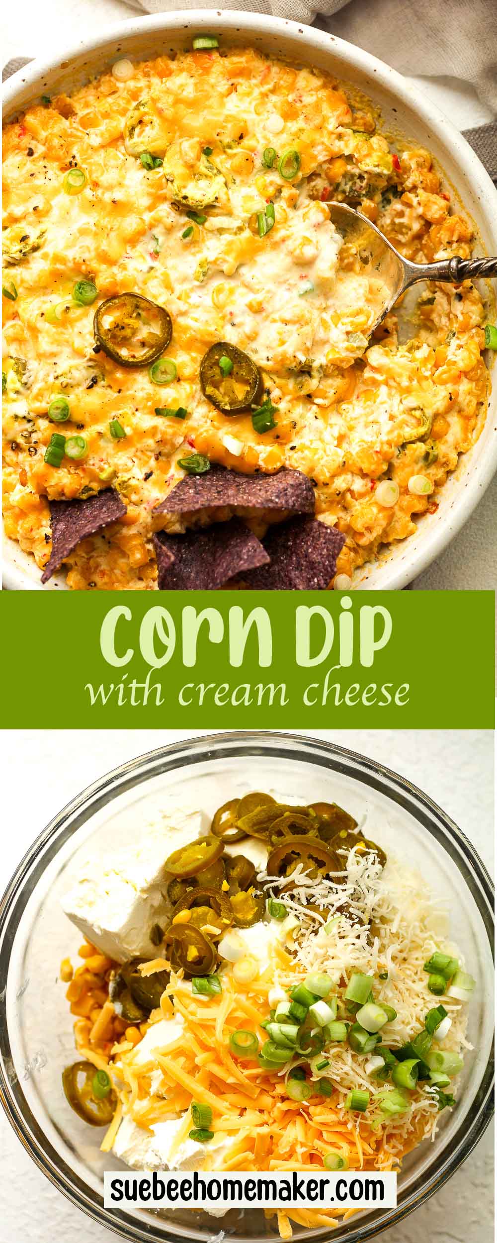 A collage of corn dip with cream cheese.