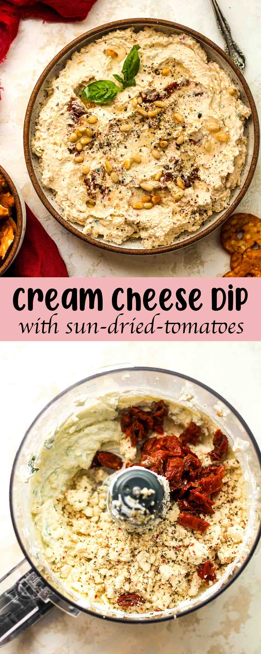 A collage of photos - a bowl of the cream cheese dip and a food processor of the ingredients.