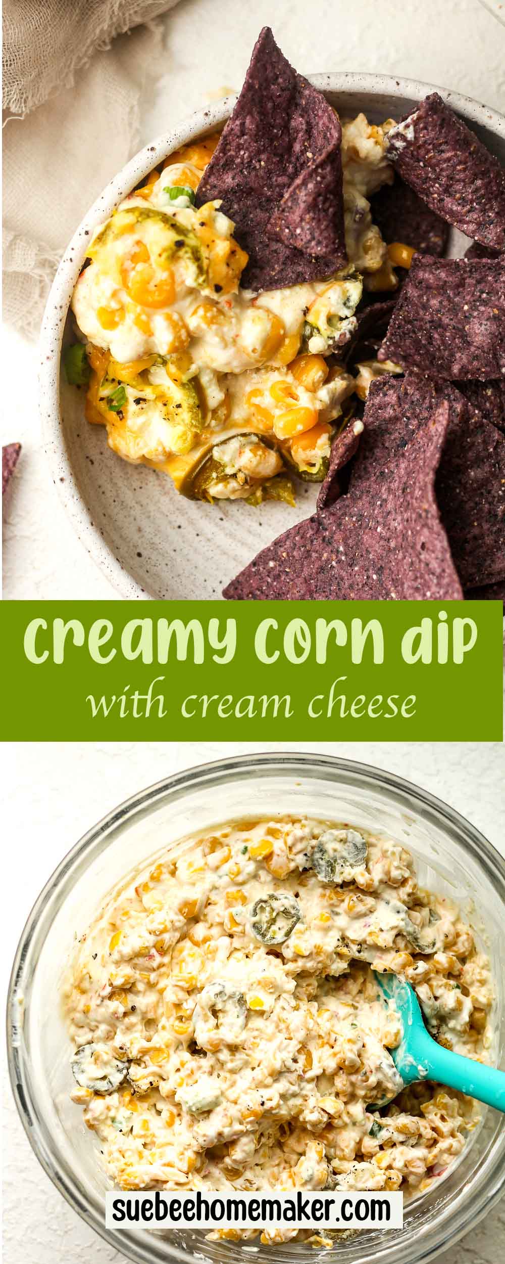 A collage of creamy corn dip with cream cheese.