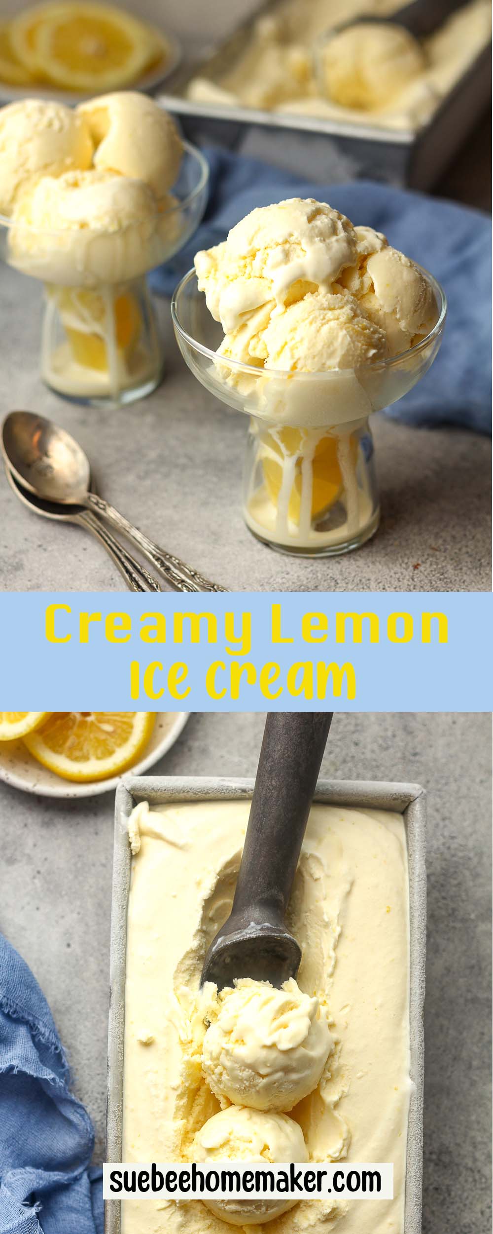 A collage of photos of creamy lemon ice cream.