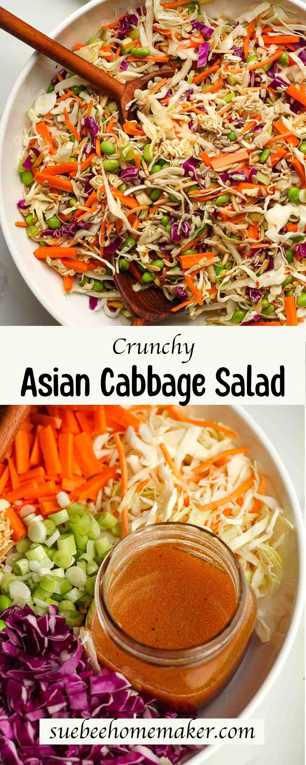 A collage of two photos of crunchy Asian cabbage salad.