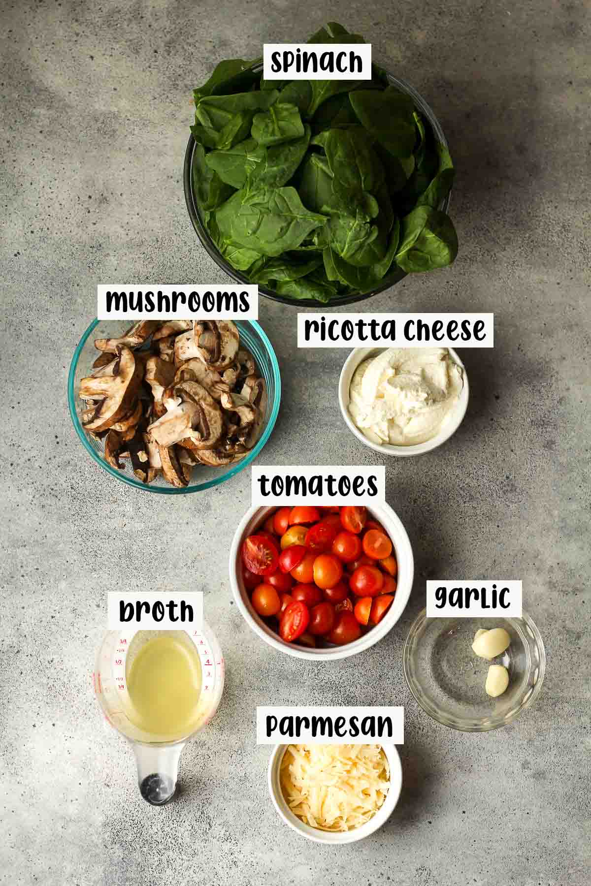 The labeled ingredients for the fish Florentine sauce.