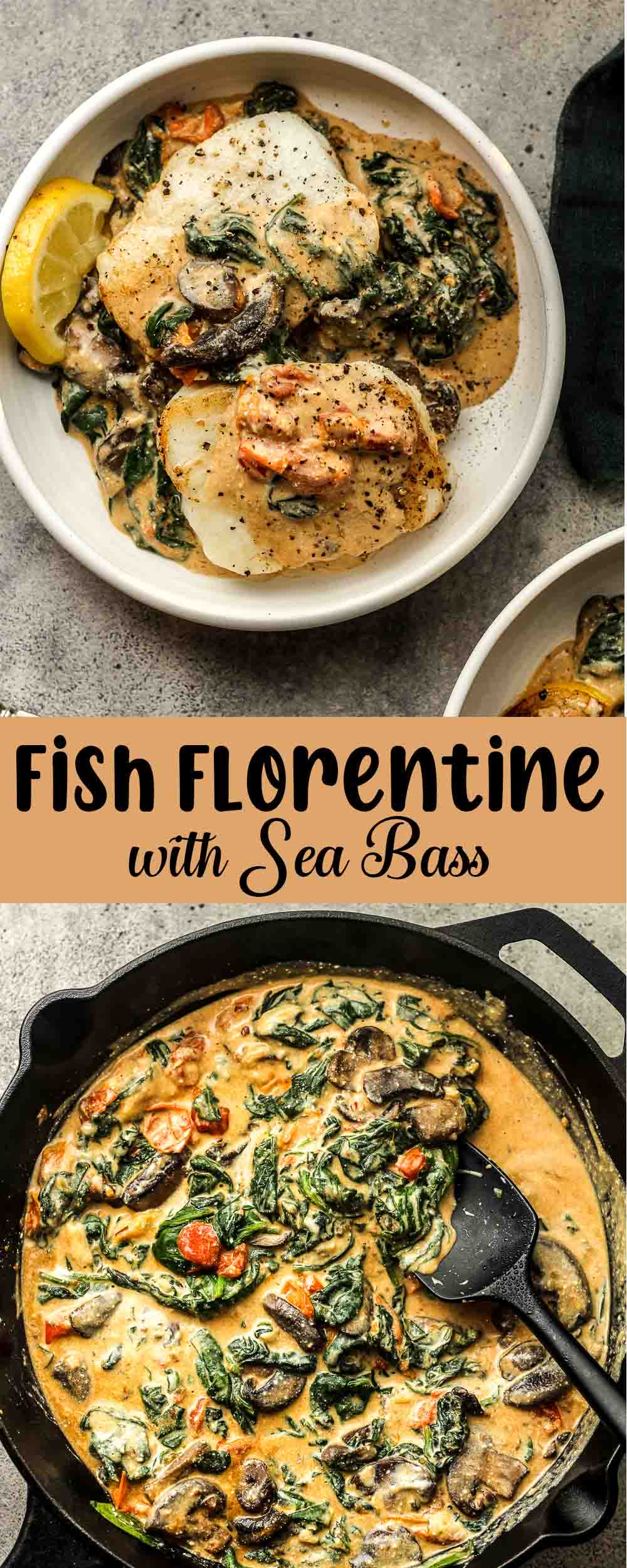 A collage of fish Florentine with sea bass with a skillet of the sauce.