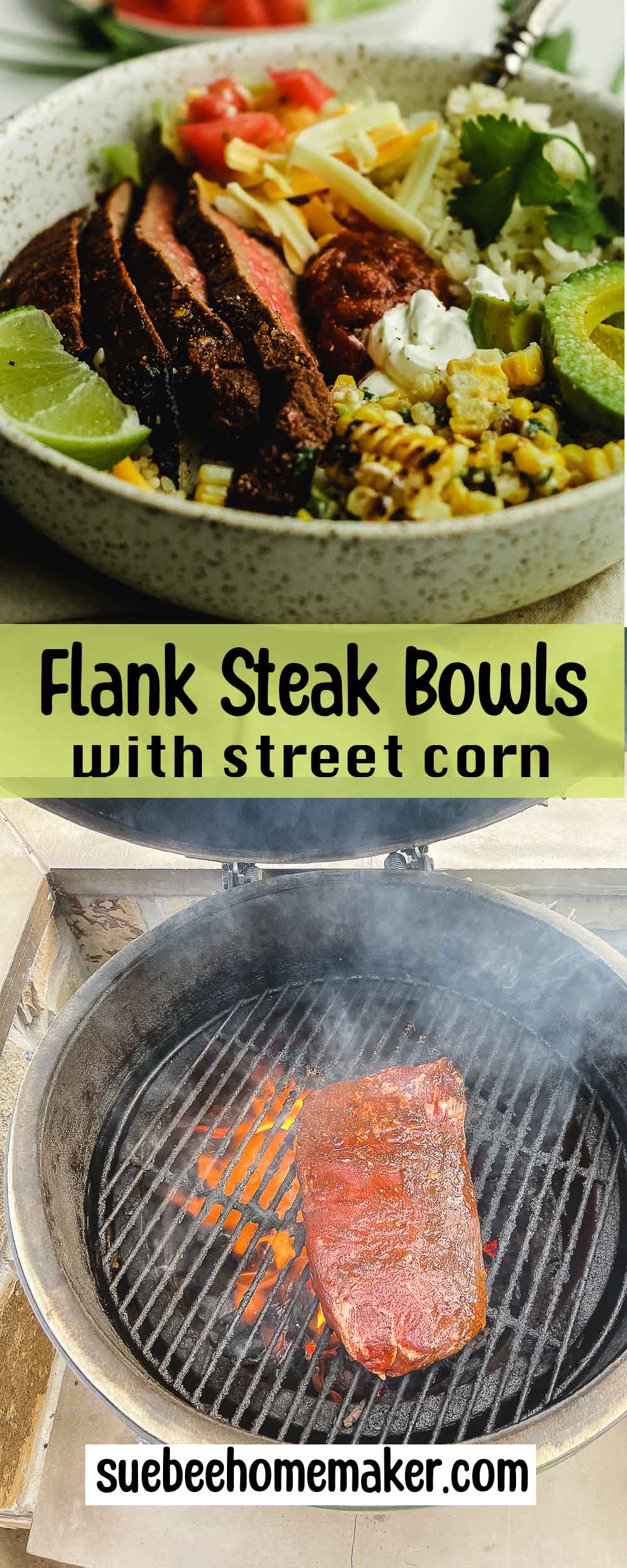 A collage of photos of Flank Steak Bowls with street corn.