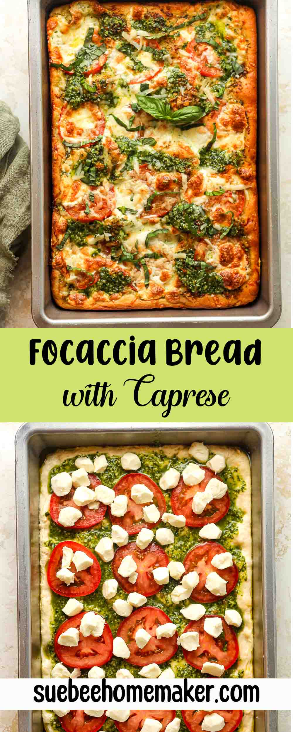 A collage of focaccia bread with caprese toppings.