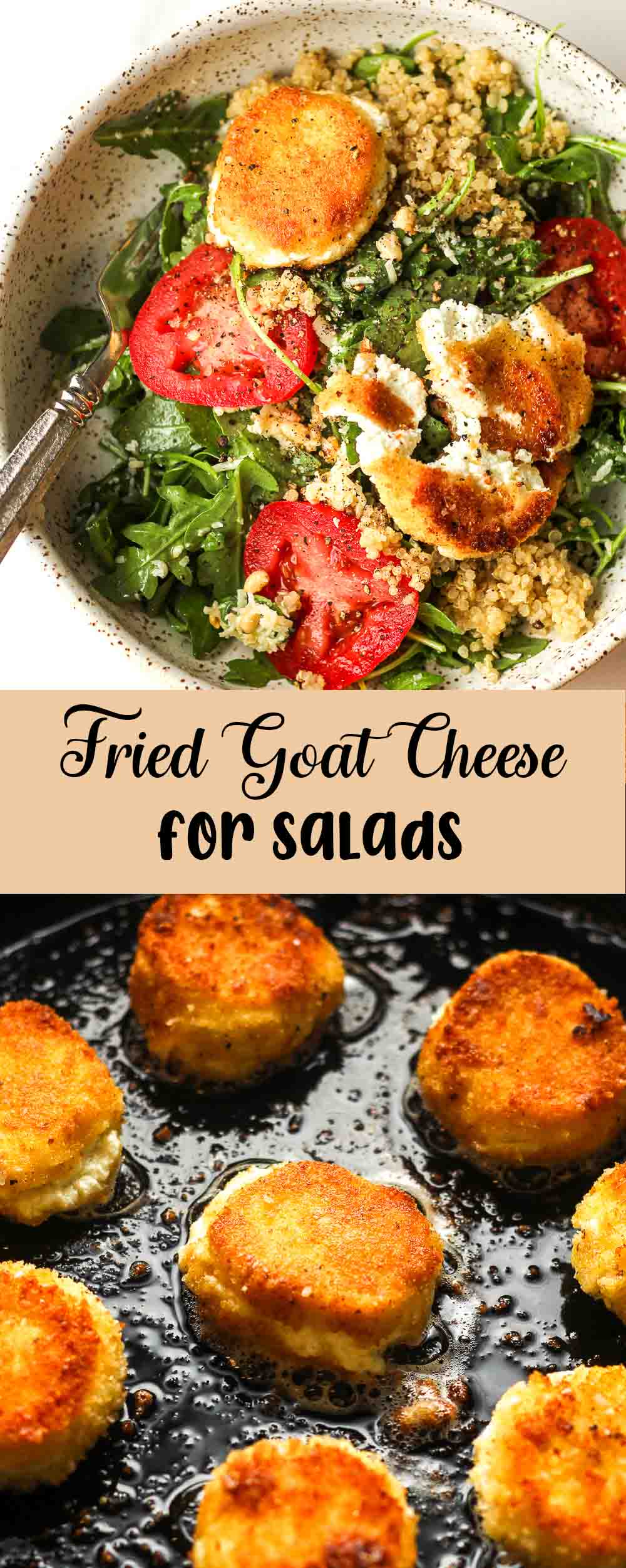 A collage of photos for fried goat cheese for salads.