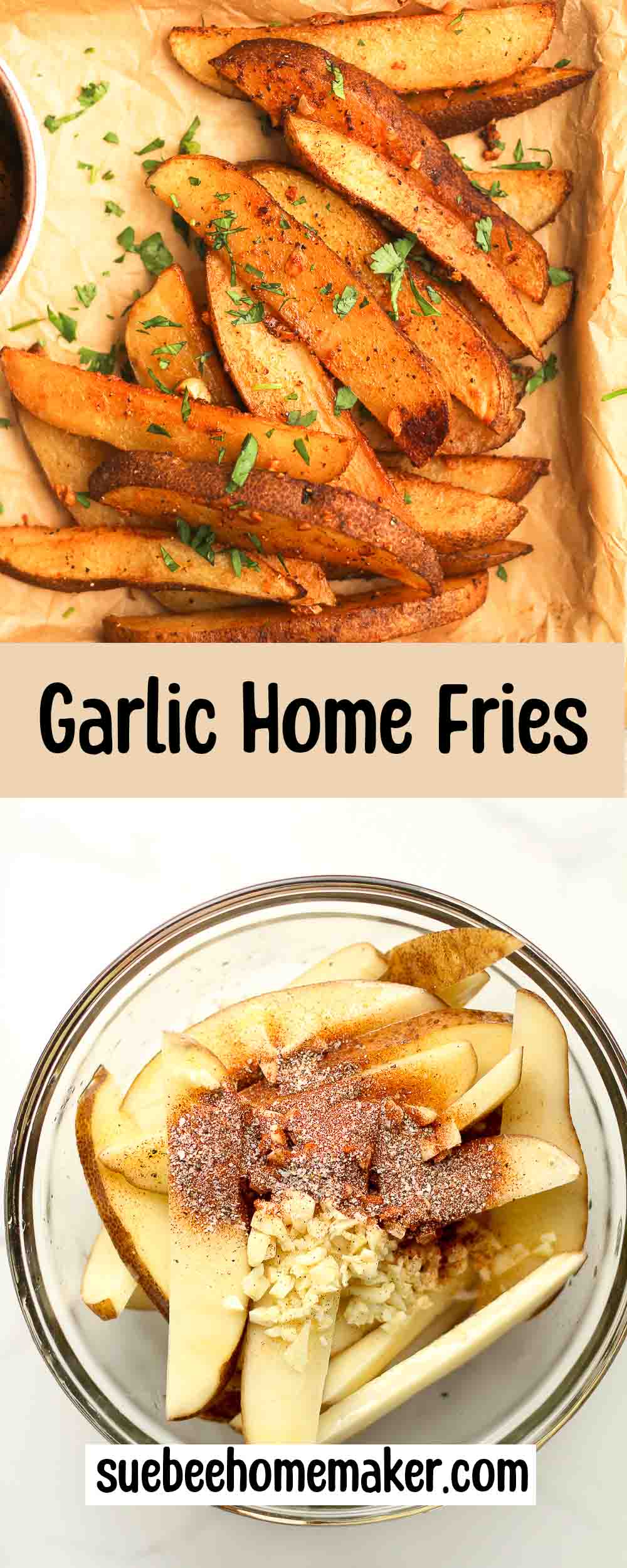 A collage of photos of garlic home fries - one in a pan and the raw fries in a bowl with seasonings.