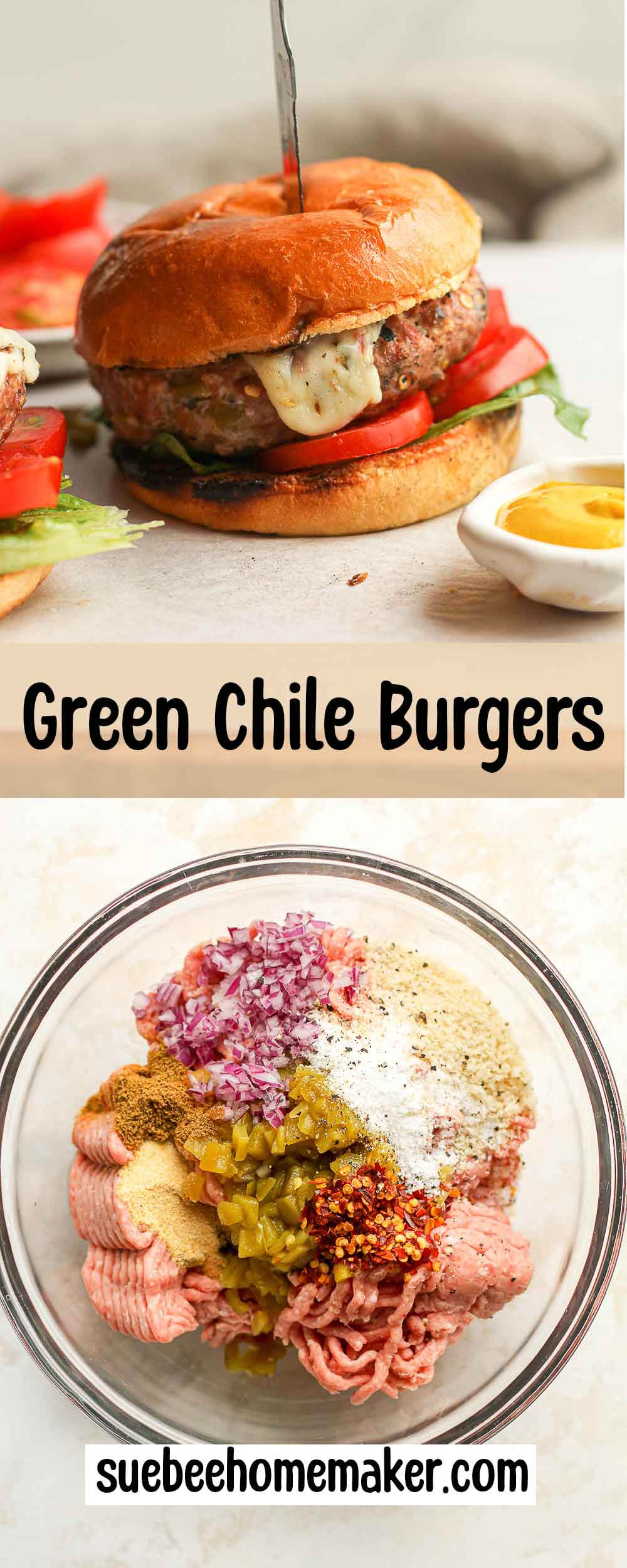 A collage of photos of Green Chile Burgers, showing the bowl of the raw ingredients.