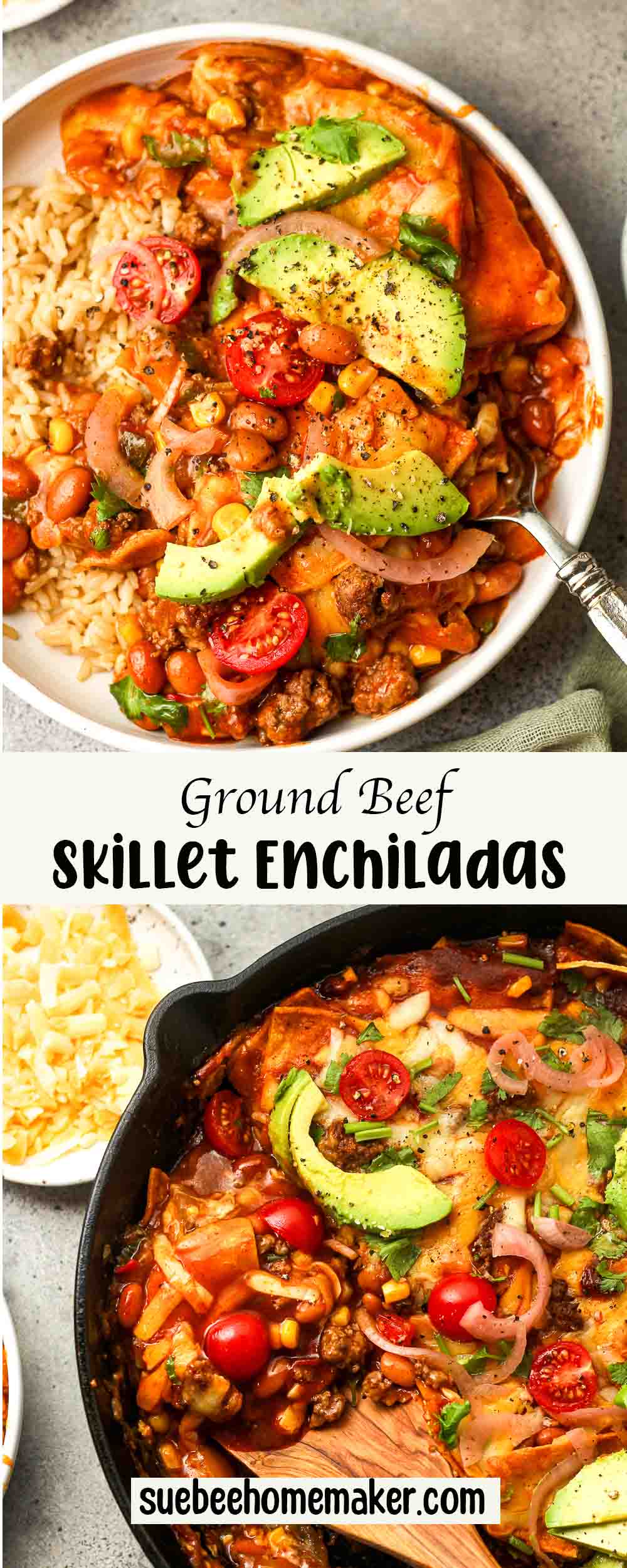 A collage of ground beef skillet enchiladas.