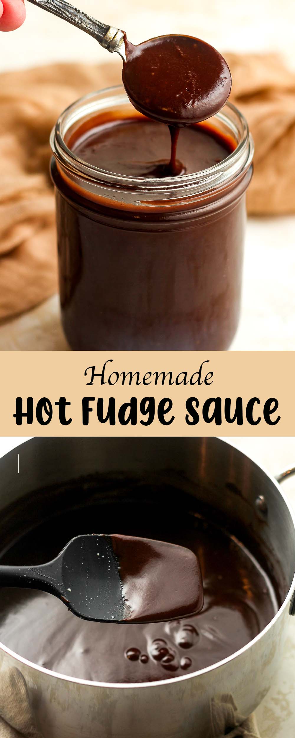 A collage of homemade hot fudge sauce.