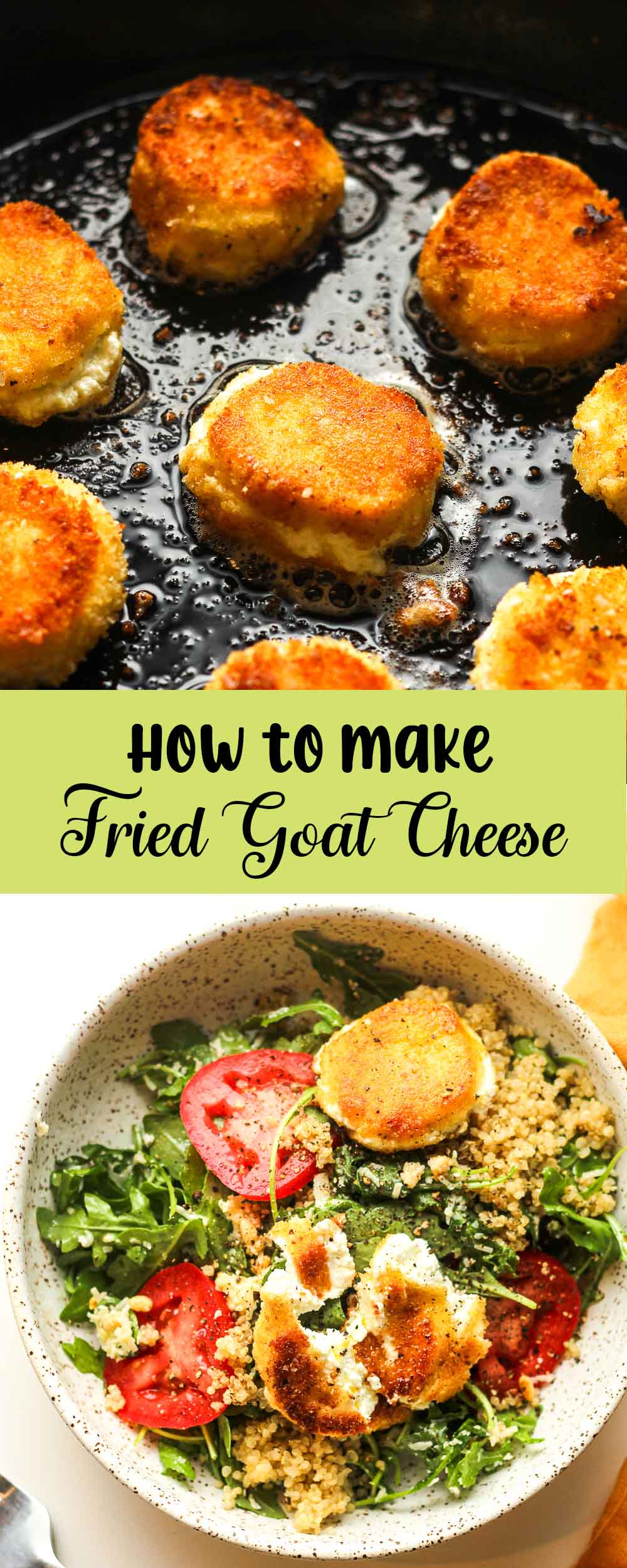 A collage of photos for how to make fried goat cheese.