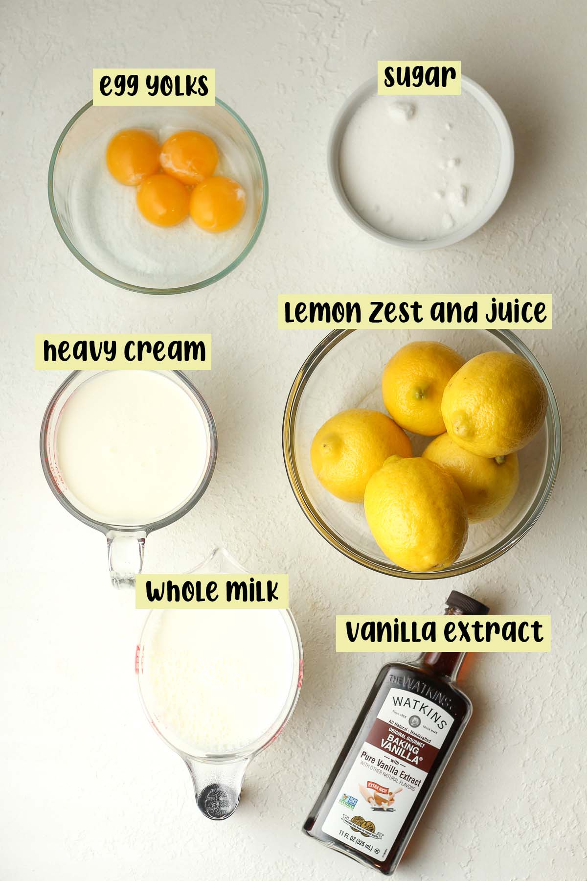 The labeled ingredients for lemon custard ice cream.