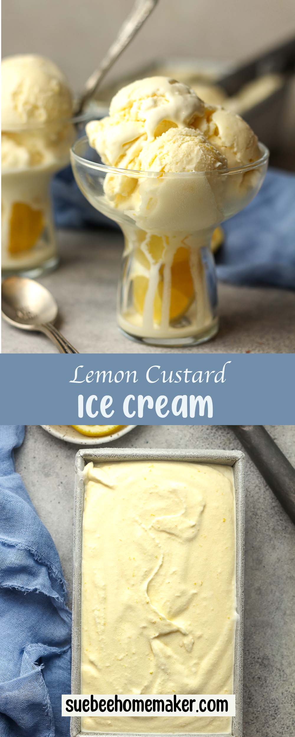 A collage of photos of lemon custard ice cream.