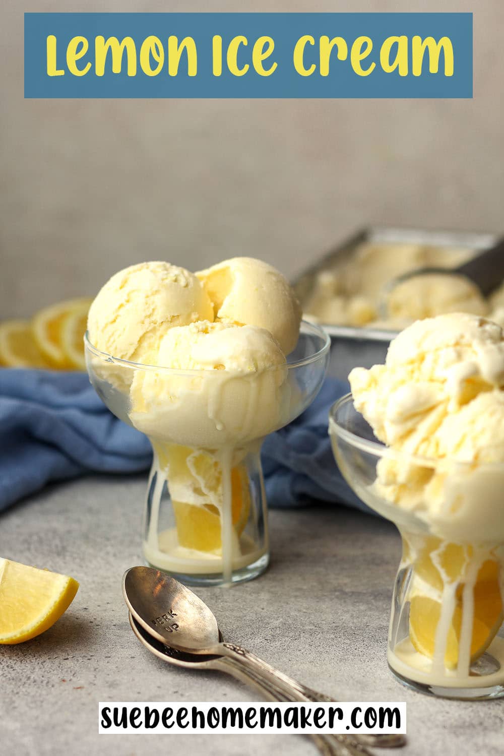 Side view of two dishes of lemon ice cream.