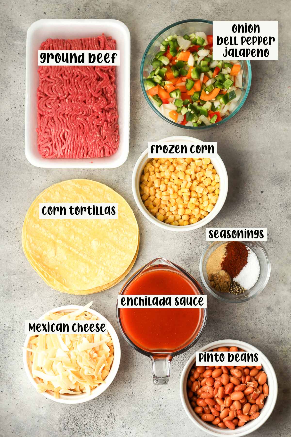 The labeled ingredients for the skillet beef enchiladas.