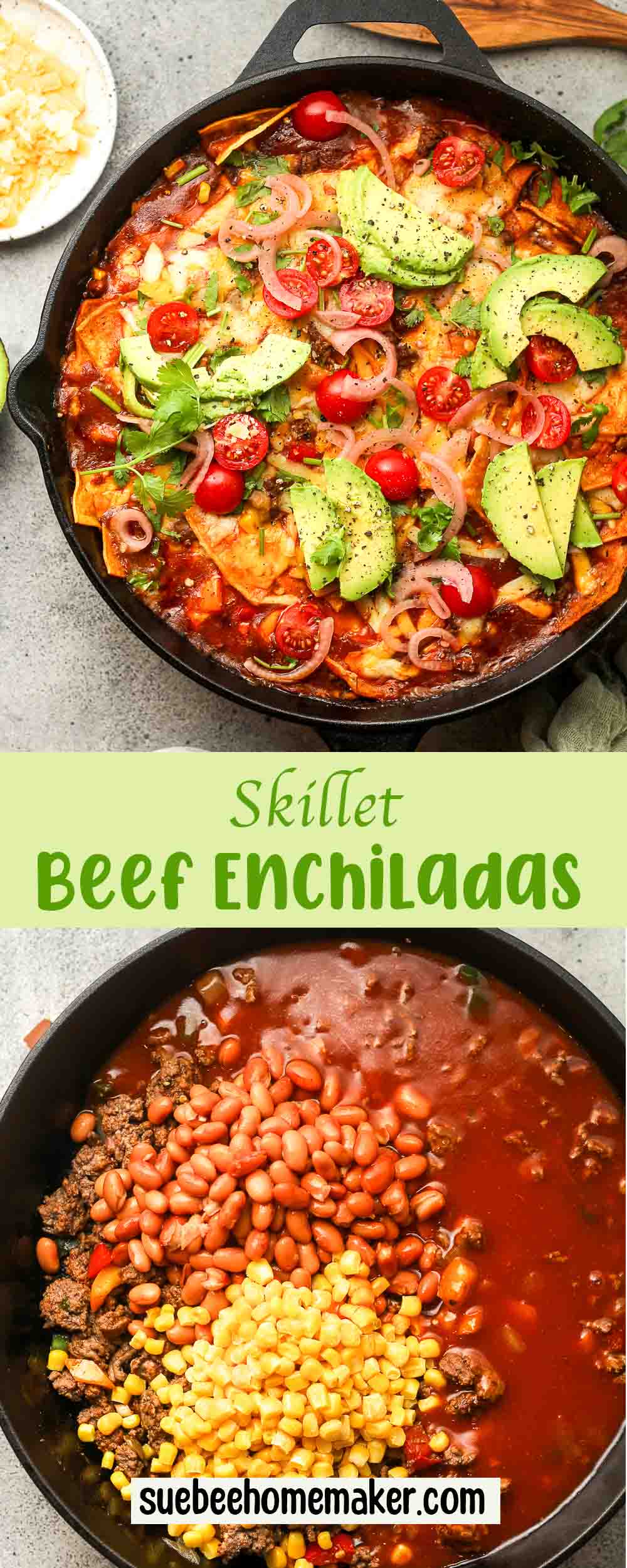 A collage of skillet beef enchiladas.