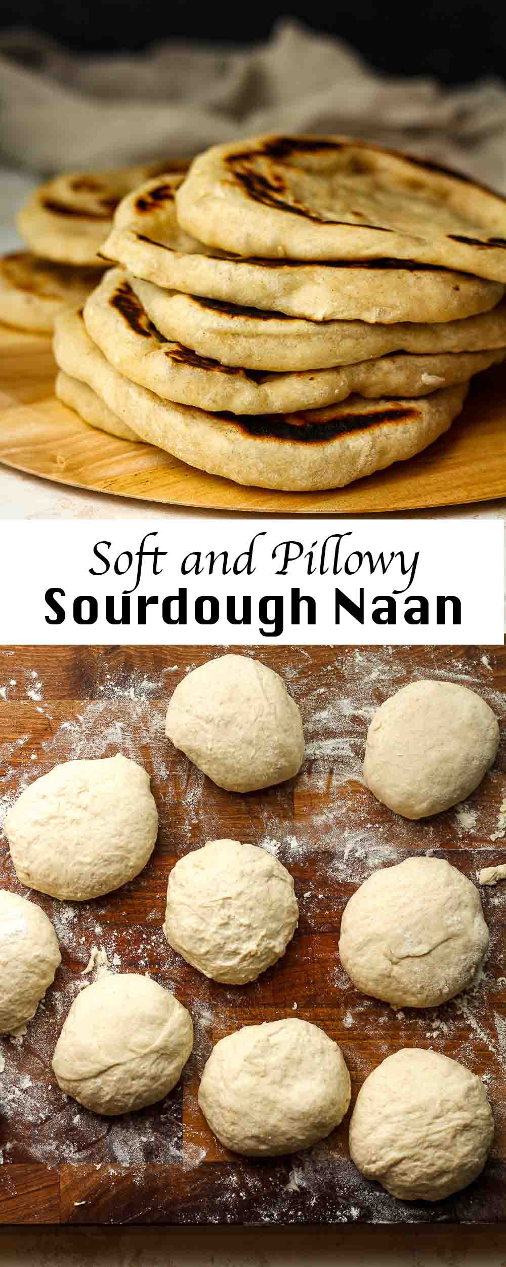 A collage of soft and pillowy sourdough naan.