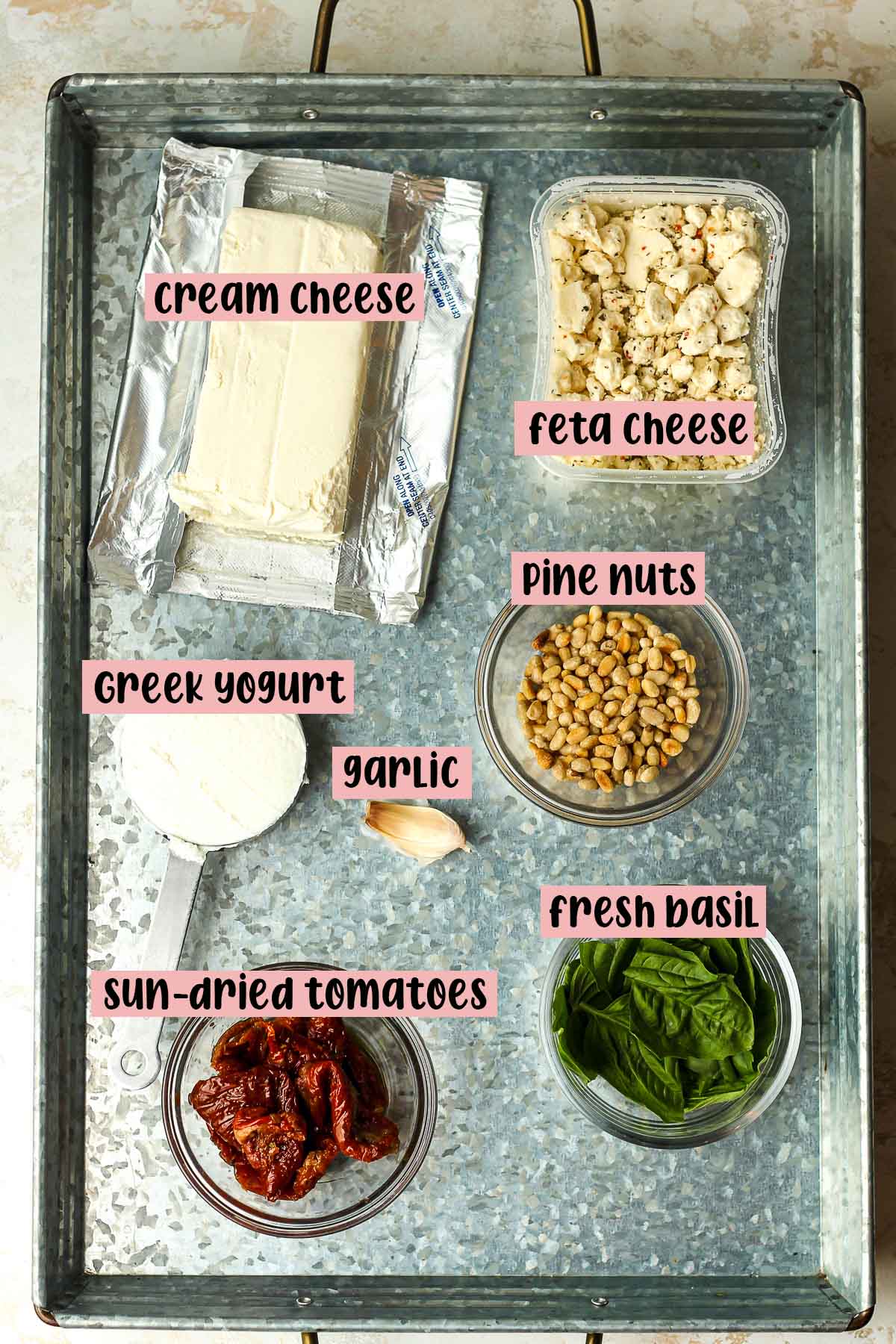 A tray of the labeled ingredients.