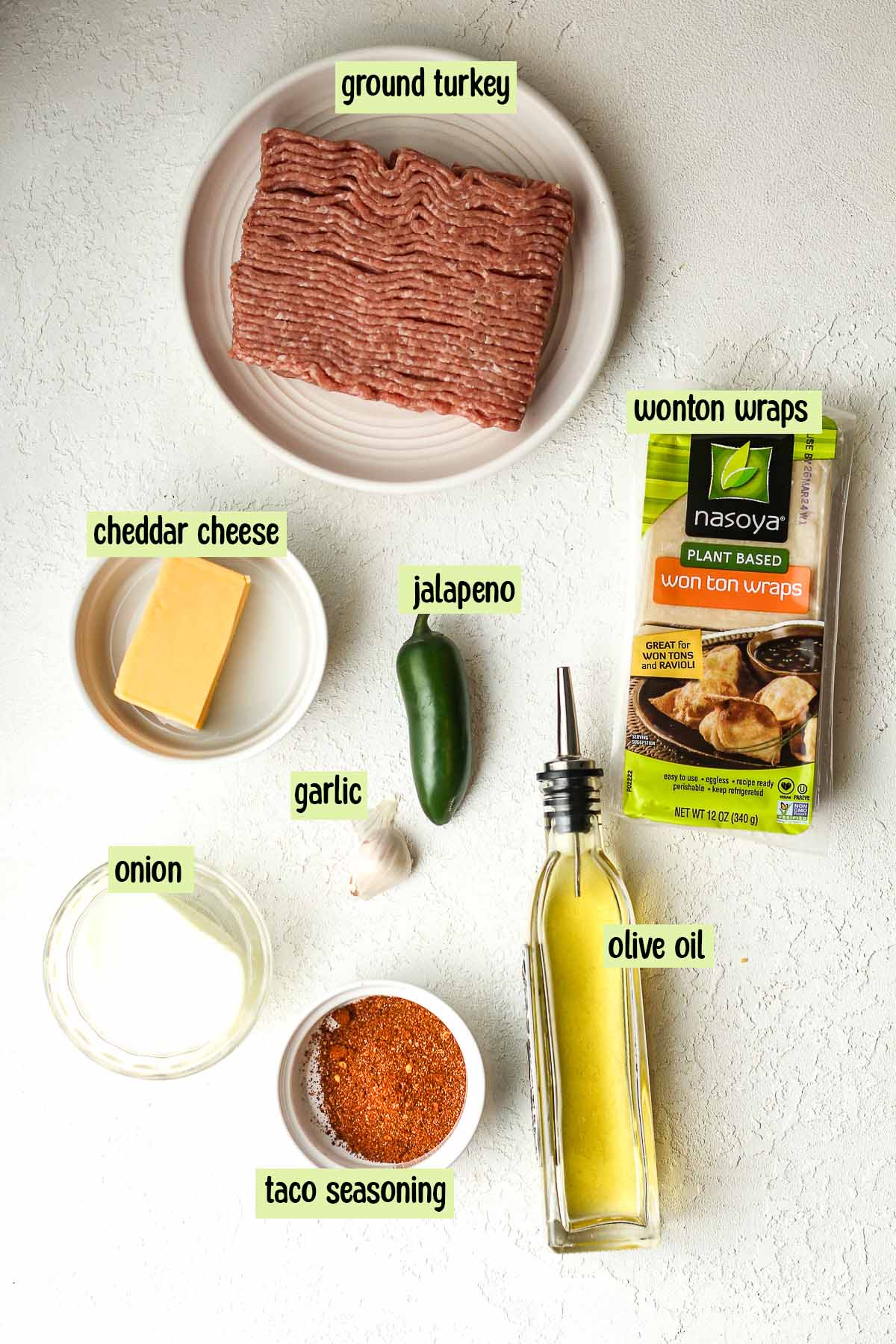 The labeled ingredients for wonton taco cups.