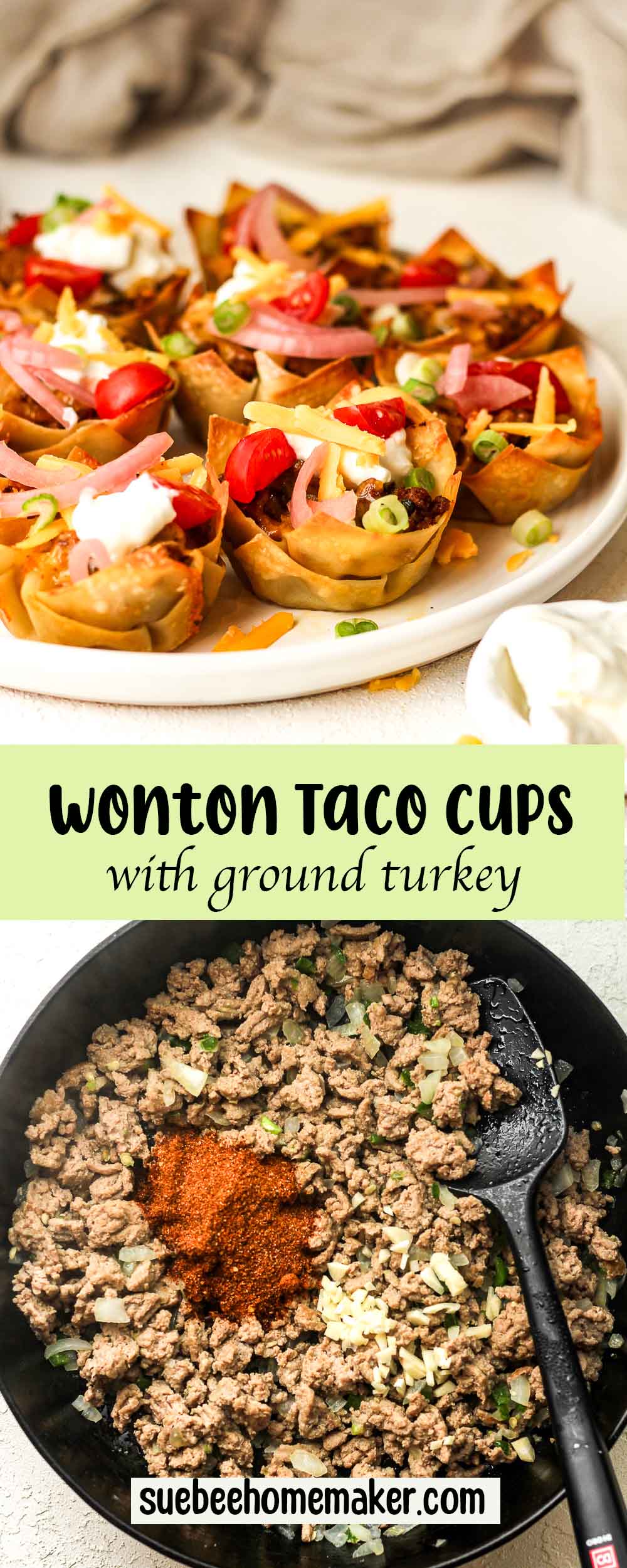 A collage of photos of wonton taco cups with ground turkey.