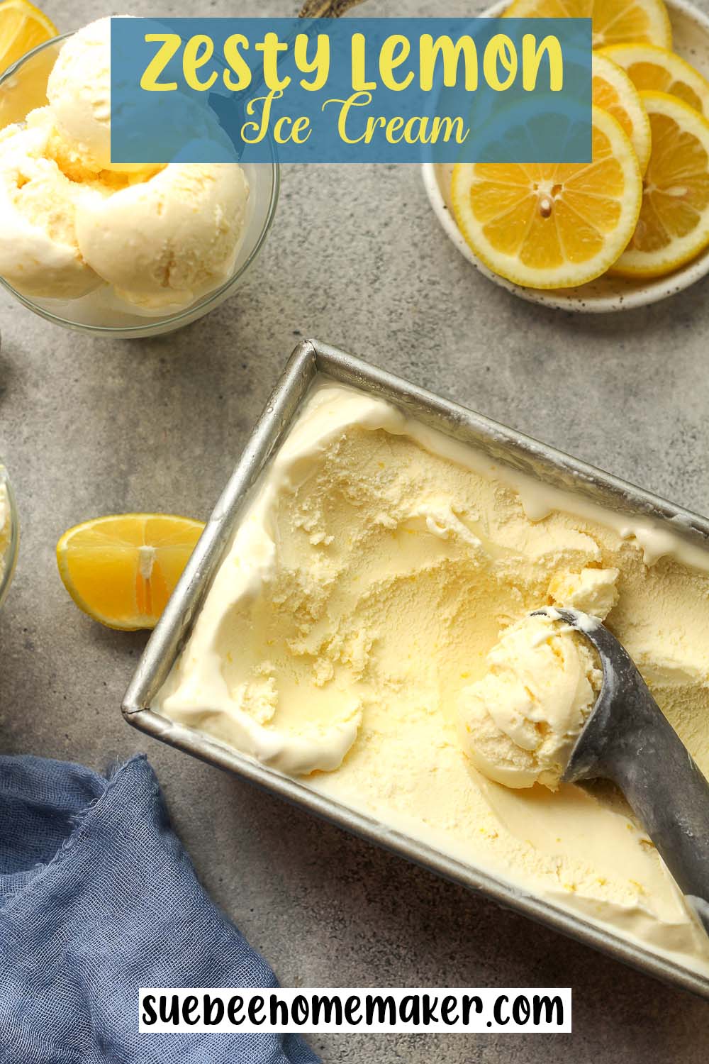 A partial loaf pan of zesty lemon ice cream.