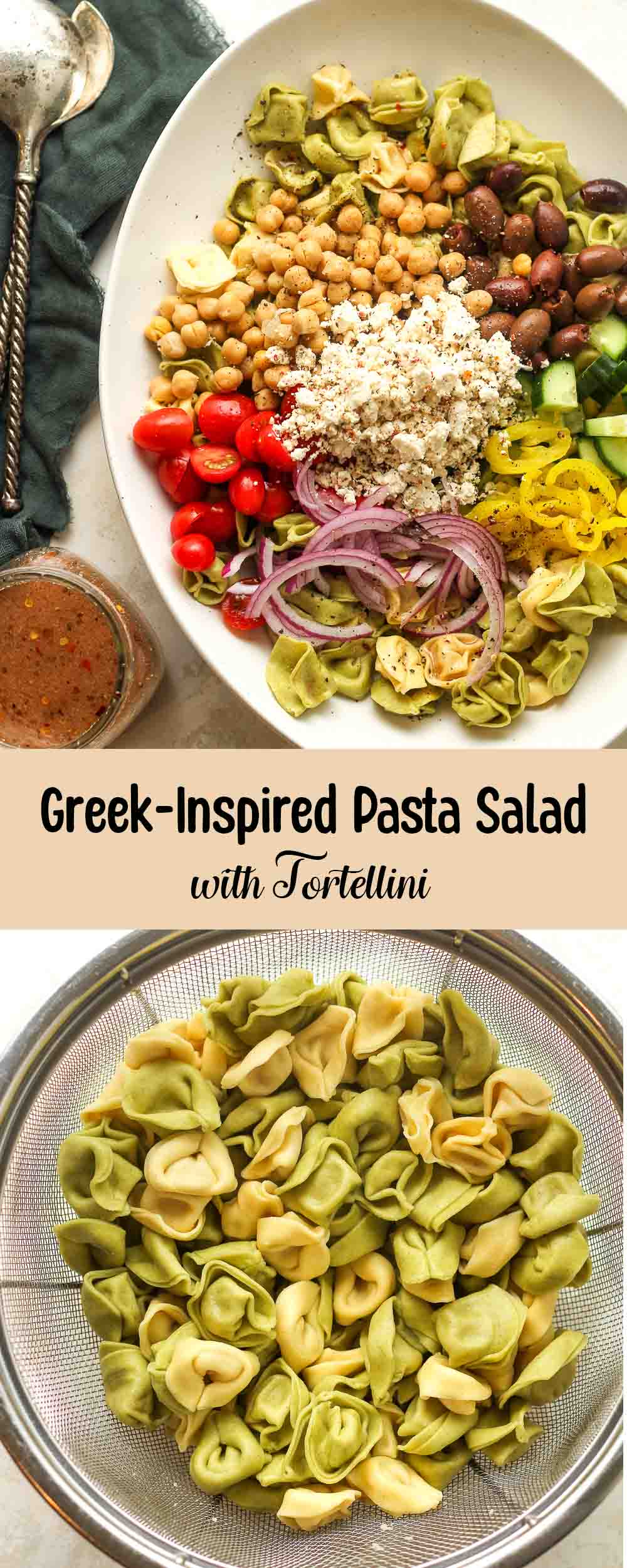 A collage of photos for Greek-Inspired Pasta Salad with Tortellini.