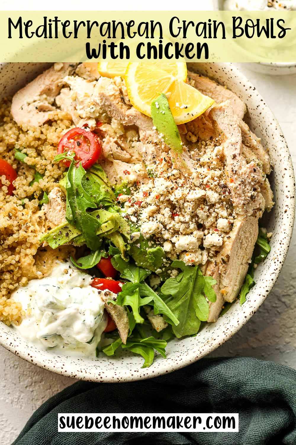 Closeup on a Mediterranean Grain Bowl with Chicken.