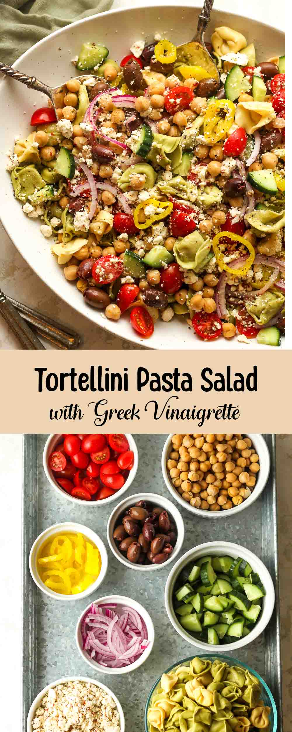 A collage of photos for Tortellini pasta salad with Greek vinaigrette.