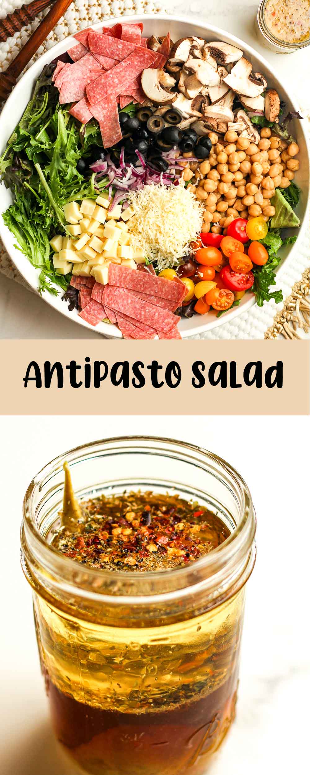 A collage of photos for an antipasto salad with dressing.
