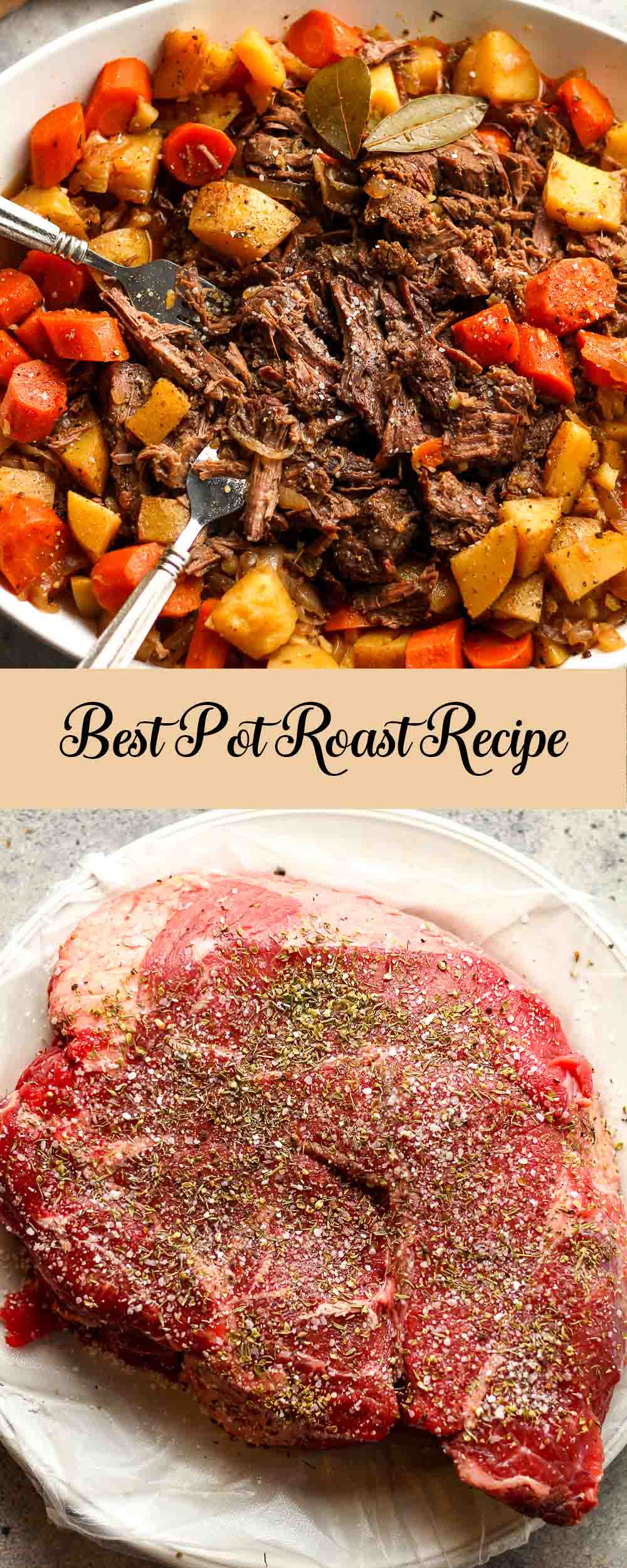 A collage of photos - the finished pot roast and the raw chunk of beef.