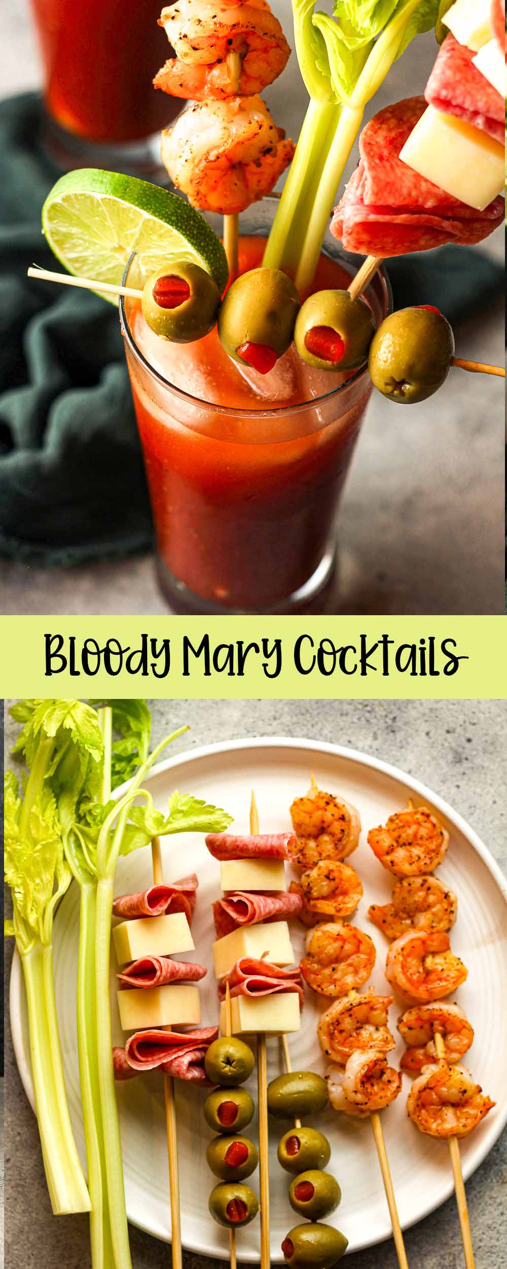 A collage of - a overhead view of a loaded Bloody Mary and a plate of garnishes.