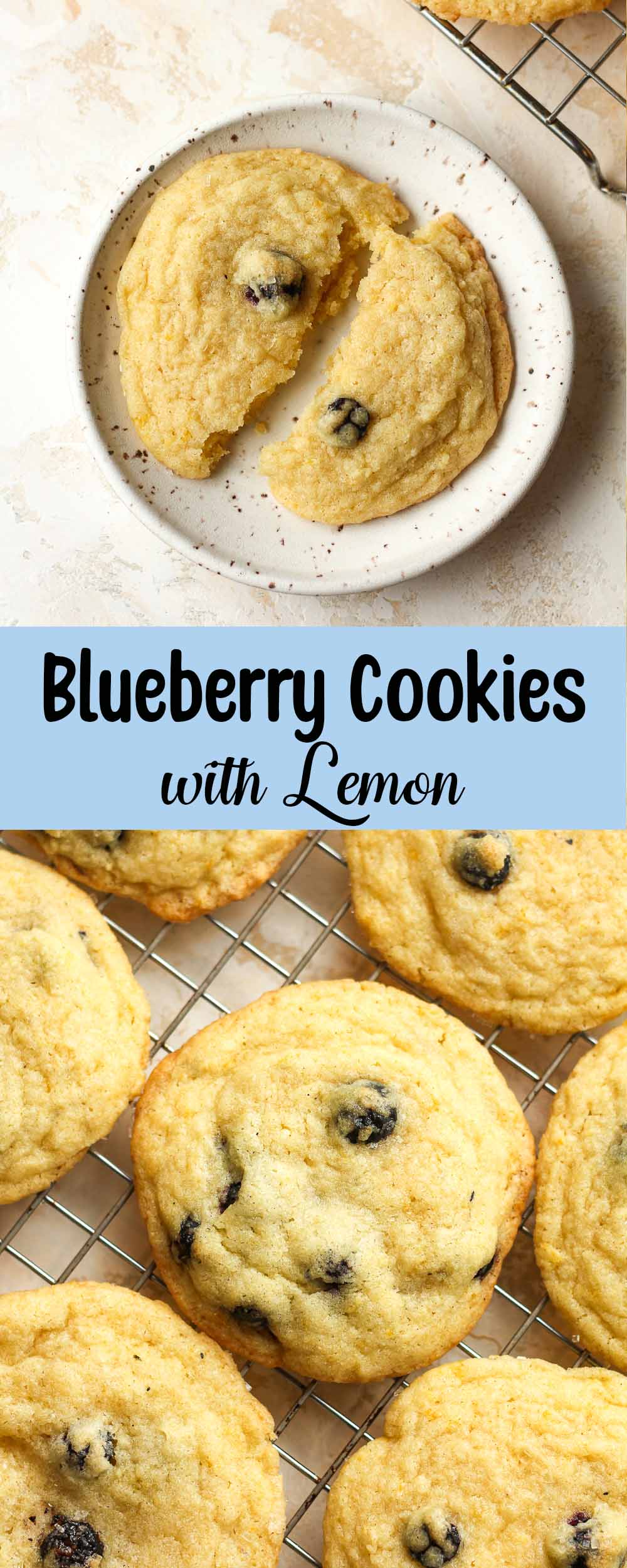 A collage of blueberry cookies with lemon