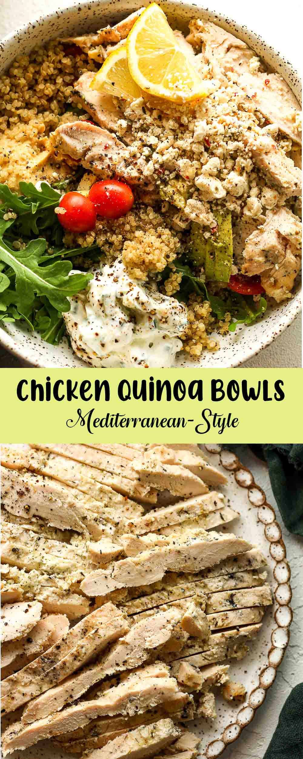 A collage of photos for Chicken Quinoa Bowls, Mediterranean-Style.