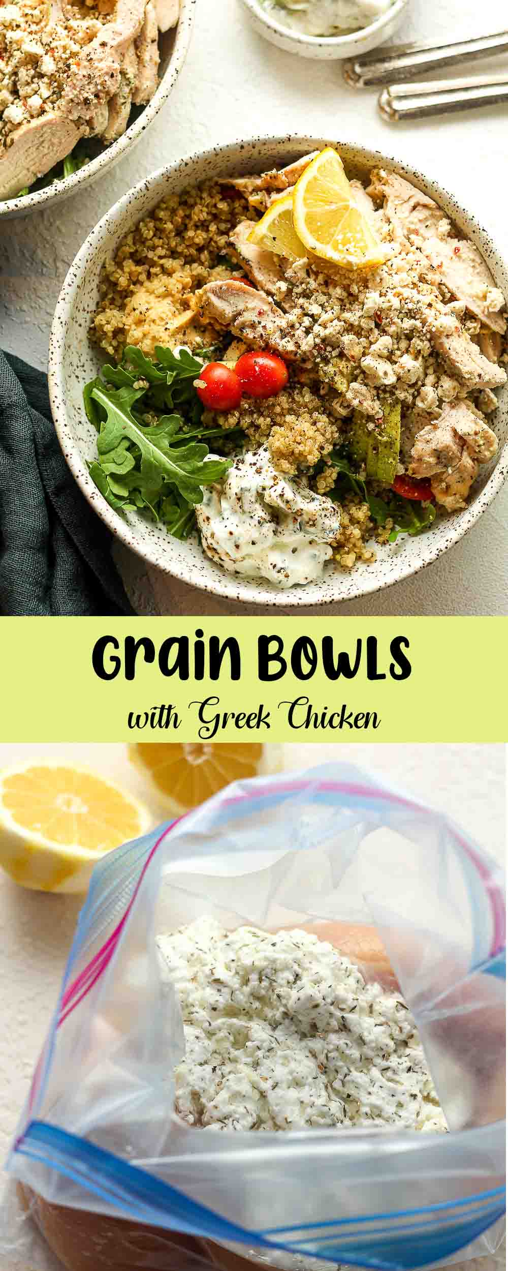 A collage of Grain Bowls with Greek chicken.