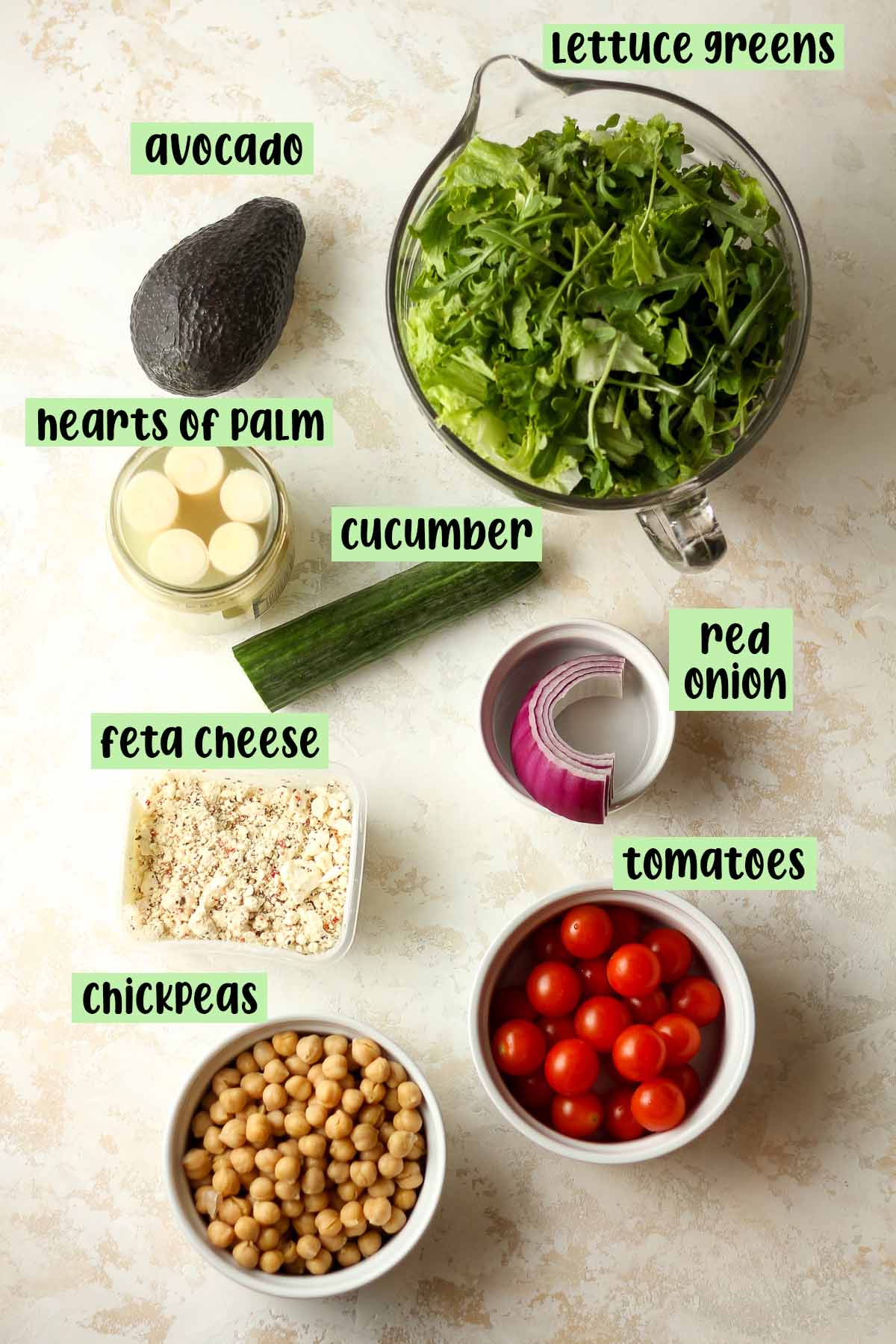 Labeled ingredients for hearts of palm salad.