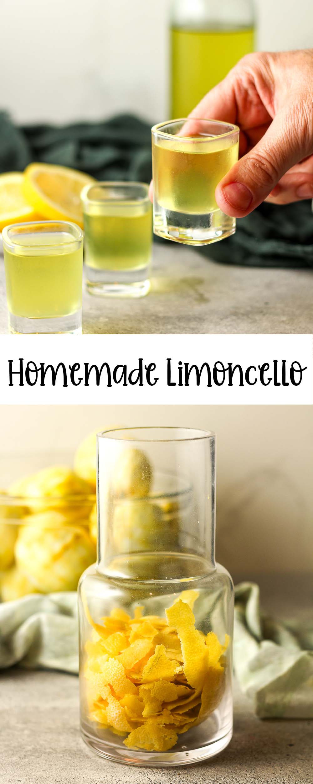 Two photos of homemade limoncello.