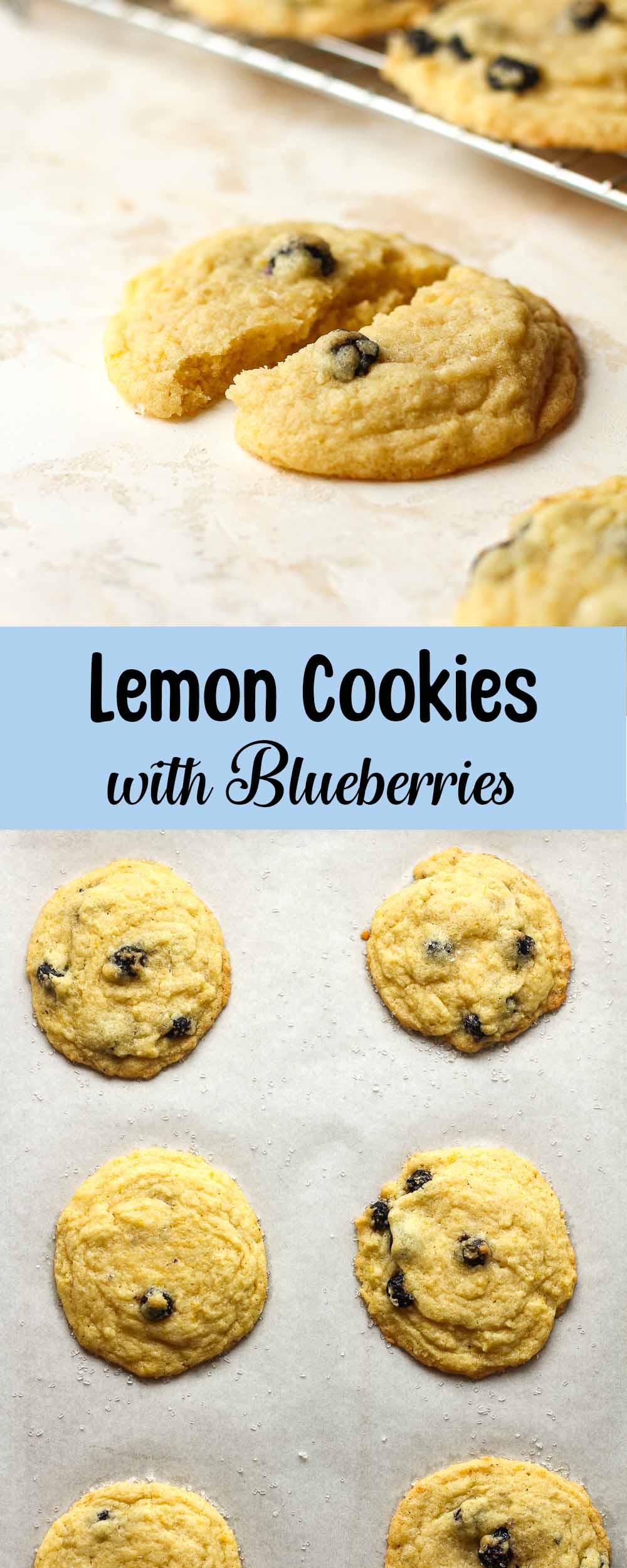 A collage of lemon cookies with blueberries.