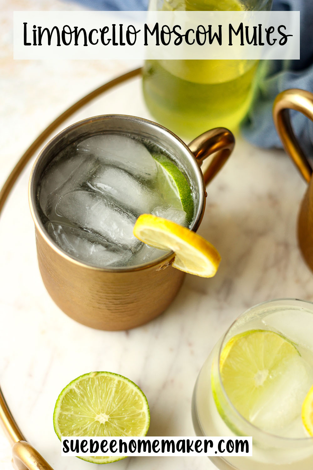 Overhead view of a copper mug of limoncello Moscow mules.