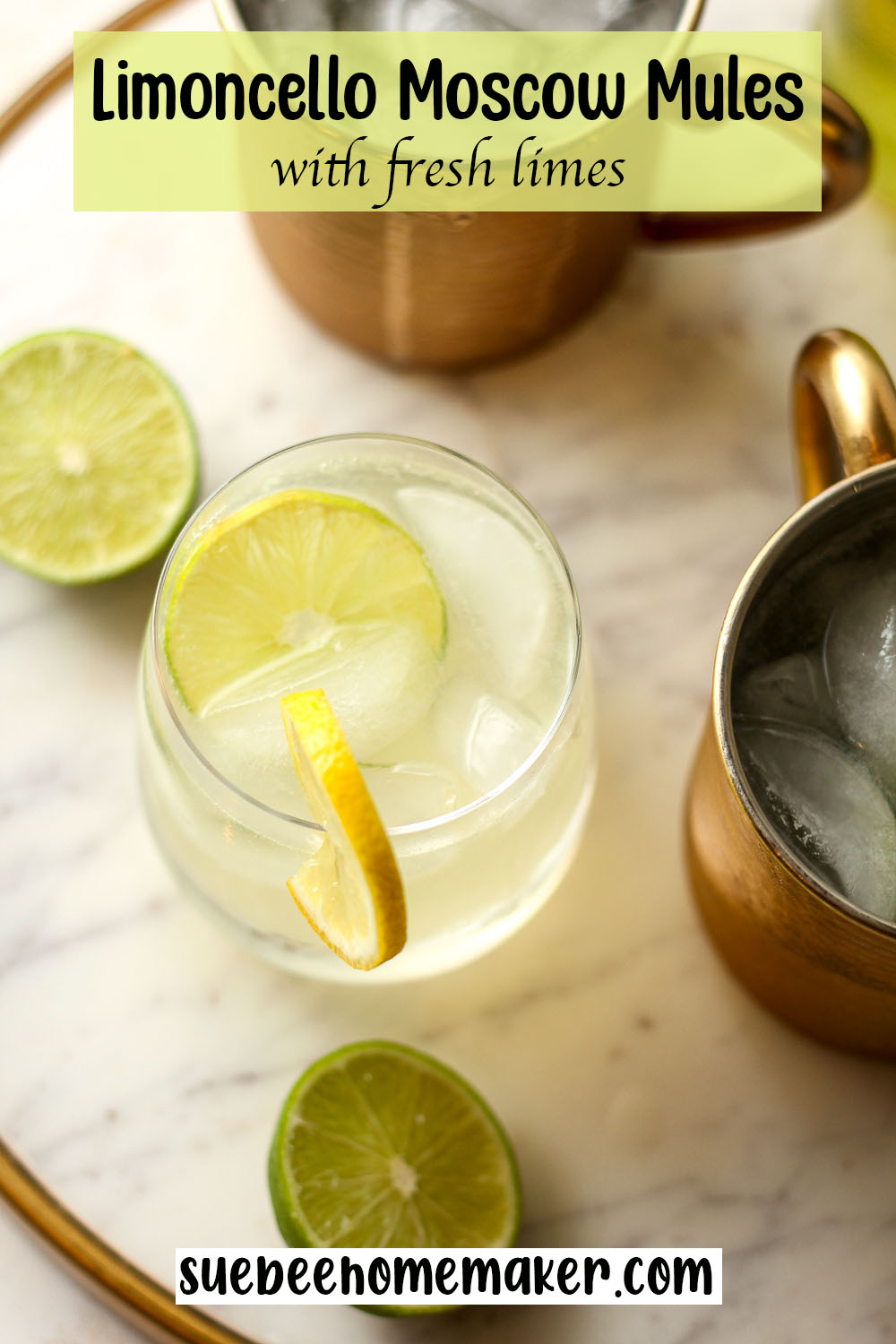 Overhead view of several limoncello Moscow mules with fresh limes.
