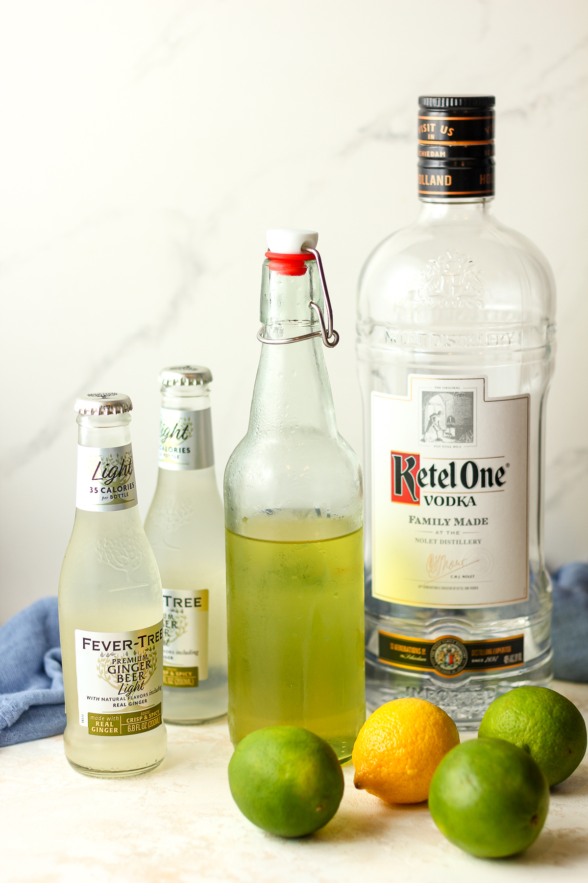 Side view of the ingredients for the limoncello mules.