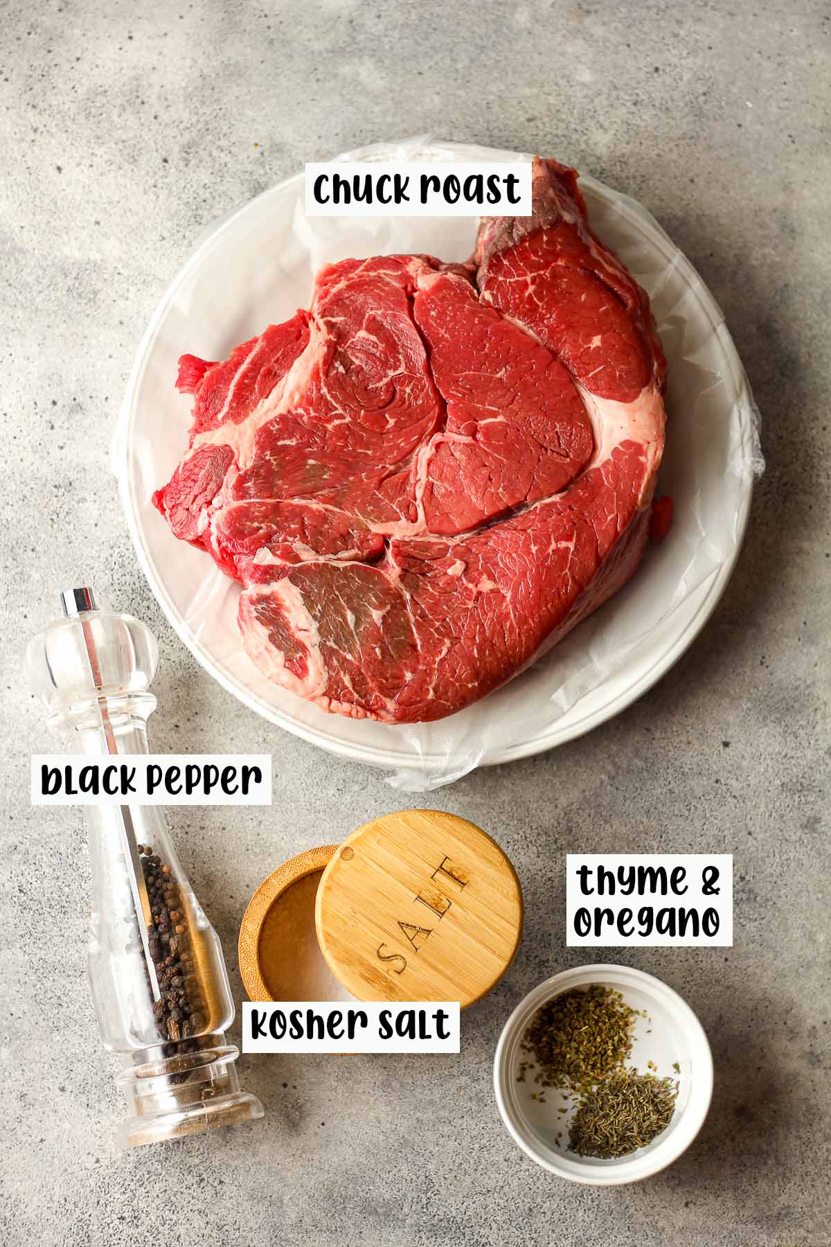 The labeled ingredients for the chuck roast.
