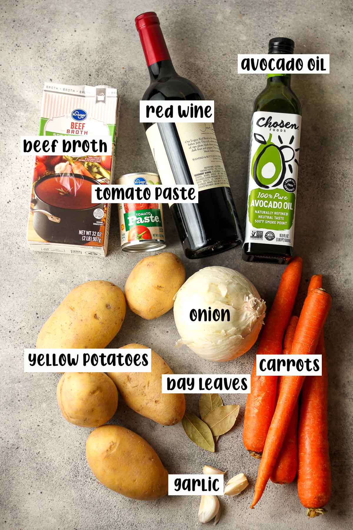 The labeled ingredients for the additions to the roast.