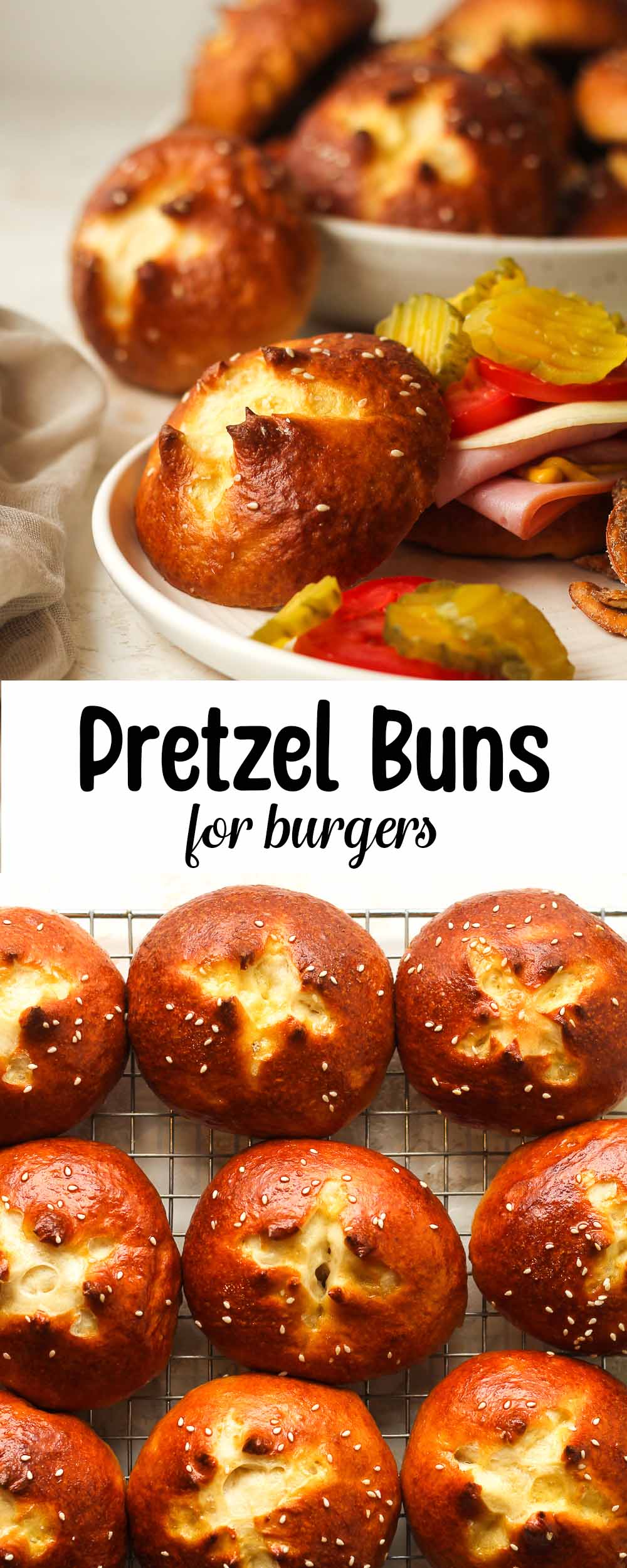 A collage of pretzel buns for burgers.