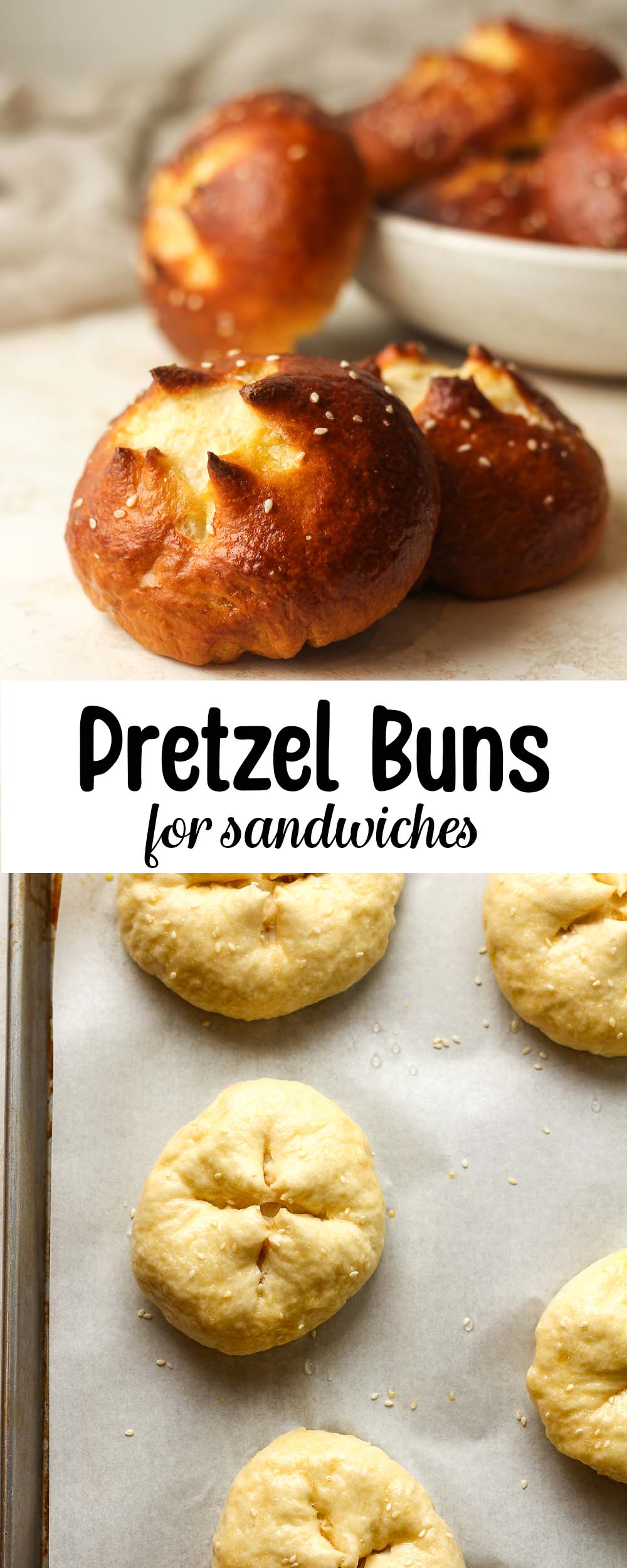 A collage of pretzel buns for sandwiches.