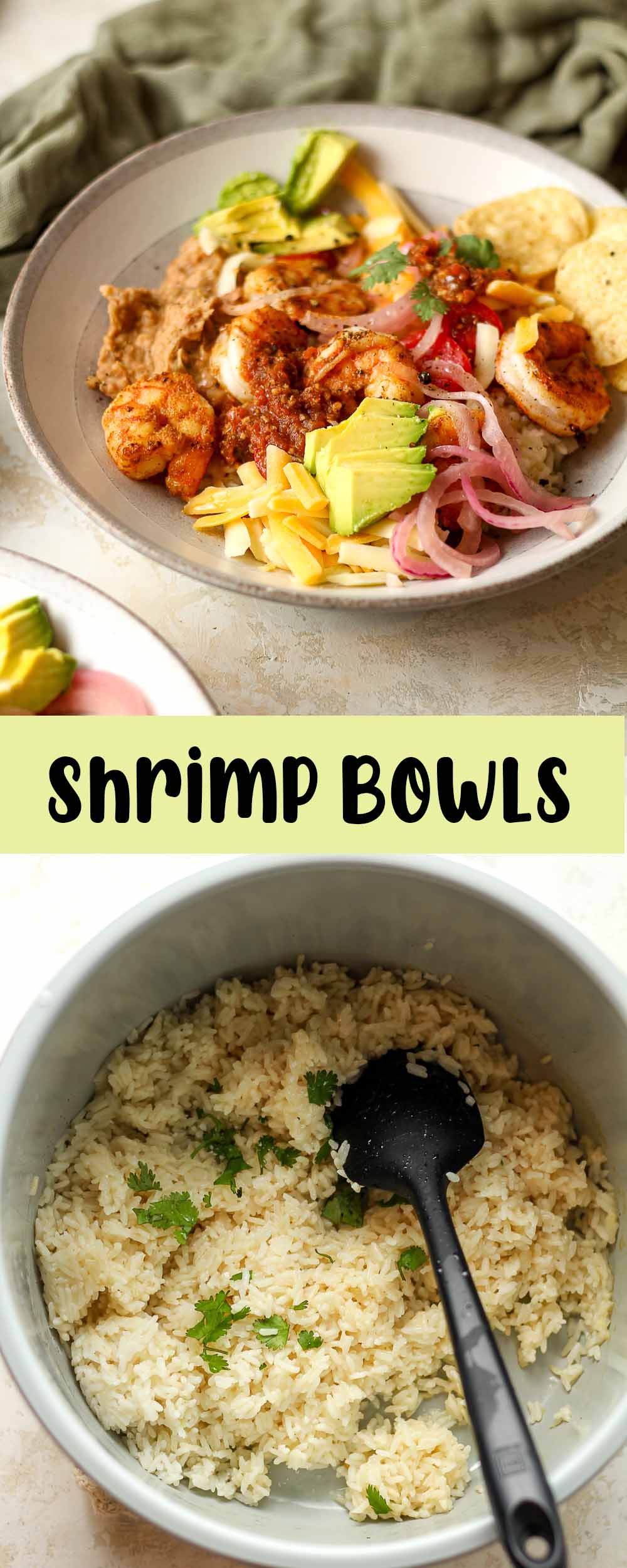 A collage of photos for shrimp bowls.