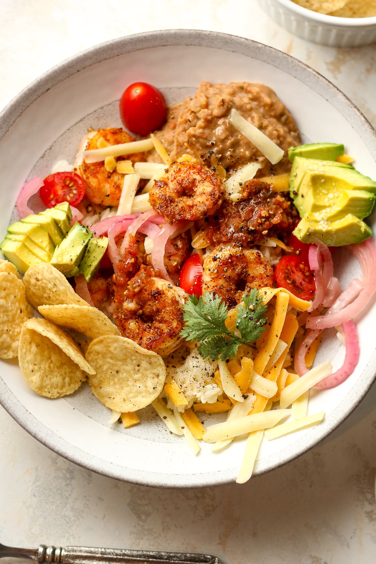 Closeup on a shrimp taco bowl.